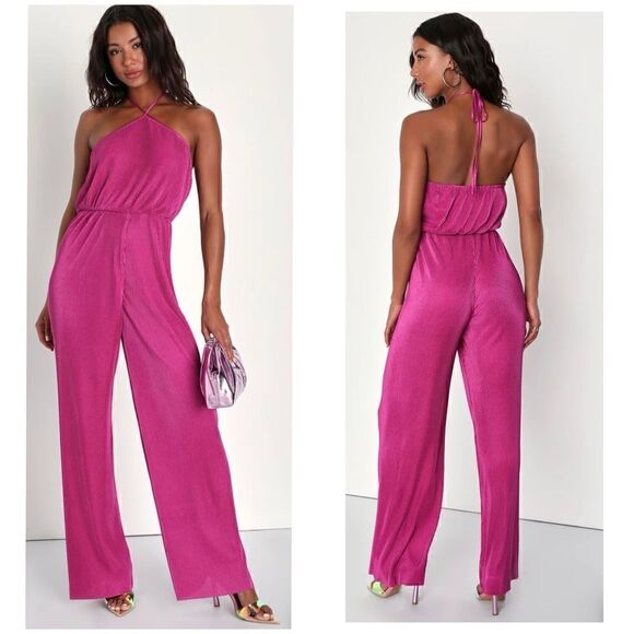 Lulu’s Fun Perfection Magenta Barbiecore Satin Plisse Wide-Leg Halter Jumpsuit - Picture 1 of 10